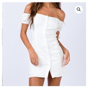 NWT Princess Polly size 6 White Linen Mini Dress off Shoulder Button Front